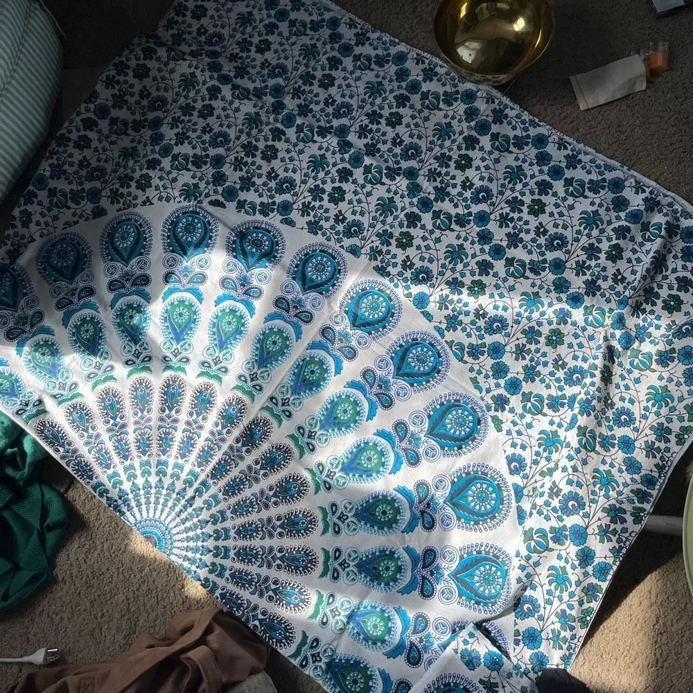 VTG Blue Green Mandala Cotton Tablecloth 82x53 Boho Maximalist Floral NWOT